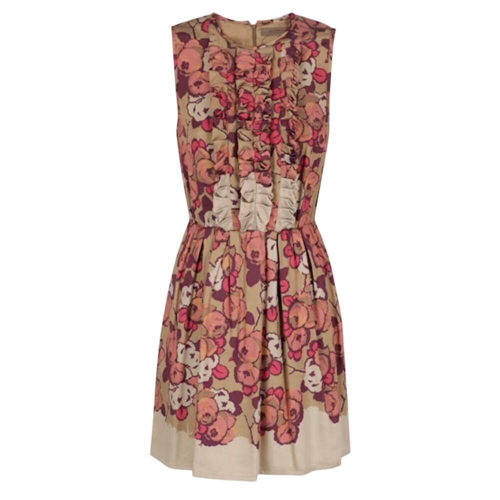 Etro Silk Wool Blend Tan Pink Floral Sleeveless Elastic Ruffle Pocket Dress 12